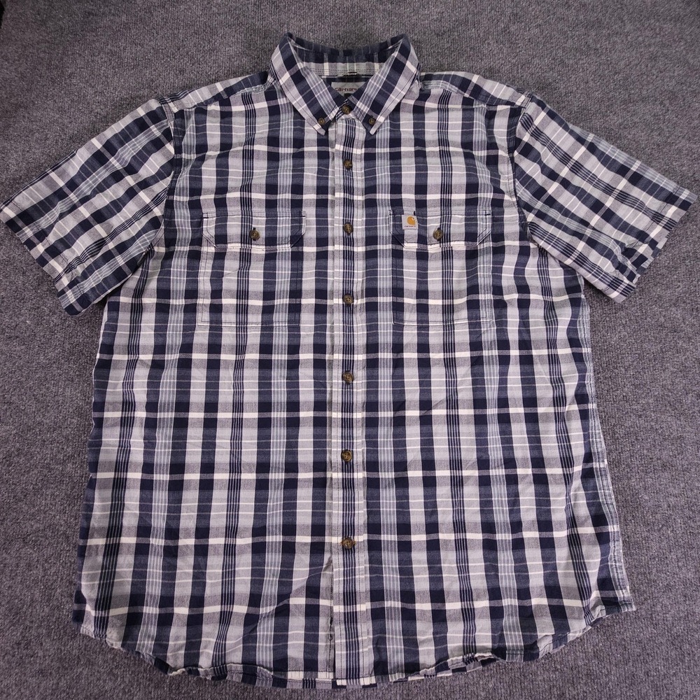 Carhartt Shirt Mens XL Blue White Plaid Relaxed Fit Short Sleeve Button Up Work